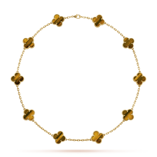 18K Vintage Alhambra Tiger Eye 10 Motifs Necklace