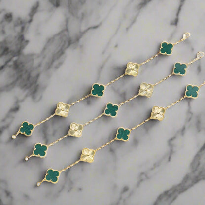 18K Vintage Alhambra Five Motifs Malachite Diamonds Clover Bracelet