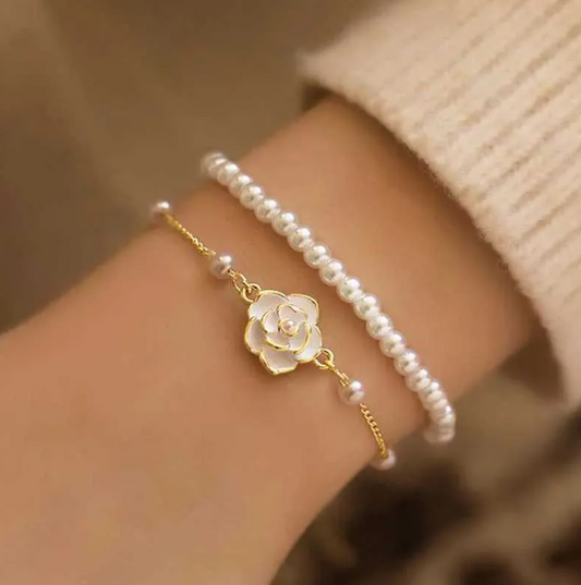 Vintage White Camellia Bracelet for Womens Elegant Double layered Simulated Pearl Bead Chain Bracelet Jewelry 2025