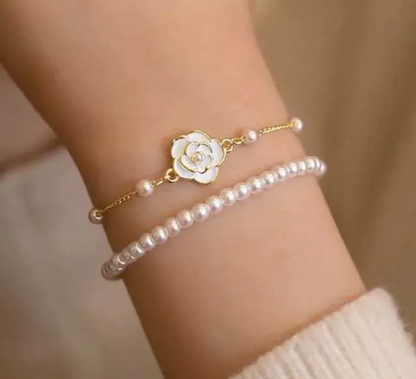 Vintage White Camellia Bracelet for Womens Elegant Double layered Simulated Pearl Bead Chain Bracelet Jewelry 2025