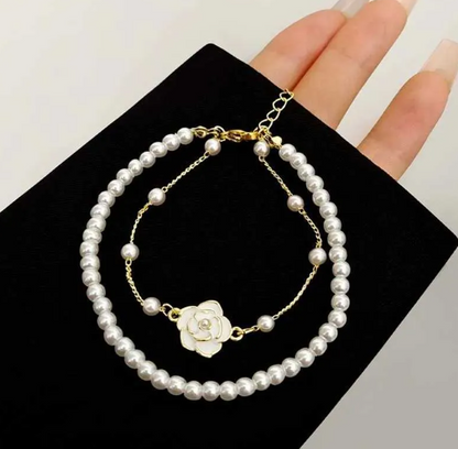 Vintage White Camellia Bracelet for Womens Elegant Double layered Simulated Pearl Bead Chain Bracelet Jewelry 2025