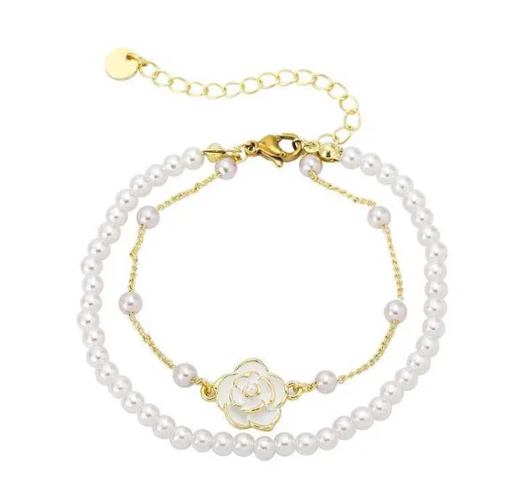 Vintage White Camellia Bracelet for Womens Elegant Double layered Simulated Pearl Bead Chain Bracelet Jewelry 2025